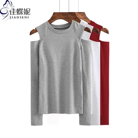 春季圆领小心机欧美控露肩上衣内搭长袖女打底衫灰色纯棉修身体恤商品大图