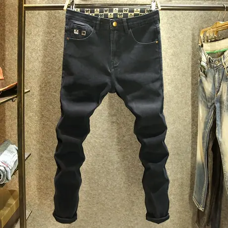 黑色秋冬款牛仔裤男款修身小脚裤韩版潮牌印花弹力显瘦小黑裤厚款商品大图