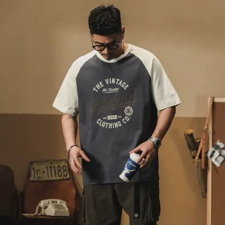 潮流夏季薄款男士百搭T恤圆领印花日系宽松复古重磅休闲潮流男t恤商品大图