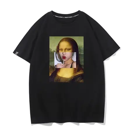 秀洛欧美潮牌恶搞怪蒙娜丽莎棒棒糖印花短袖t恤男女情侣纯棉上衣商品大图