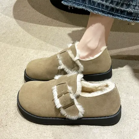 欧洲站一脚蹬毛毛鞋丑萌面包鞋复古勃肯鞋雪地棉皮带扣平底鞋女鞋商品大图