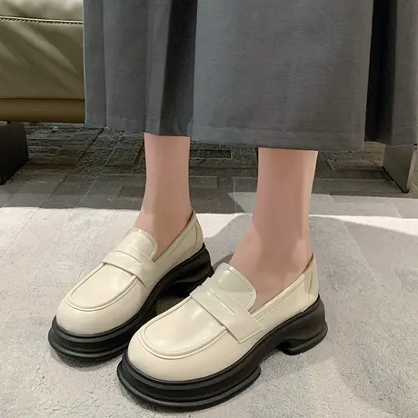 大头厚底增高小皮鞋女2023新款英伦风法式复古粗跟一脚蹬玛丽珍鞋商品大图