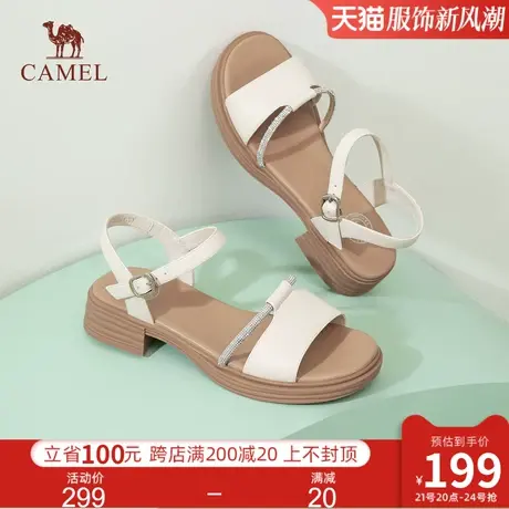 骆驼女鞋2024年夏新款真皮一字带厚底粗跟露趾罗马凉鞋女时装凉鞋商品大图