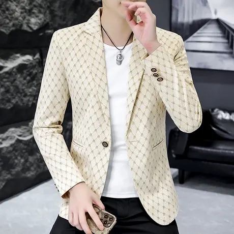 秋季时尚西装外套男士潮流韩版休闲上衣高级感男装格子痞帅小西服商品大图