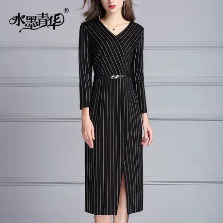 【1件7.9折】春季新款时尚V领一步裙简约修身针织罗马条纹连衣裙商品大图