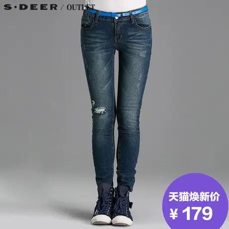 sdeer圣迪奥女装2017秋装斑驳做旧猫须破洞修身牛仔长裤S15180842商品大图
