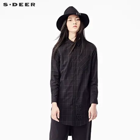 sdeer圣迪奥2018秋装休闲中性字母英伦格子长款衬衫女装S17380579图片