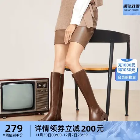 骆驼女鞋2023秋冬新款复古侧拉链休闲粗跟厚底骑士靴高筒靴女长靴图片