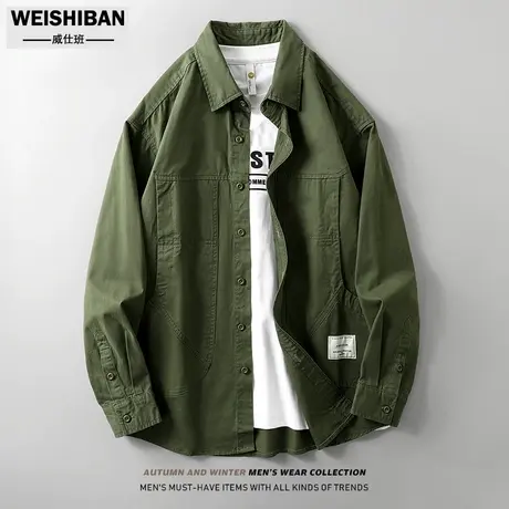 男士休闲工装衬衫男长袖高级感痞帅宽松衬衣2023新款美式翻领外套商品大图