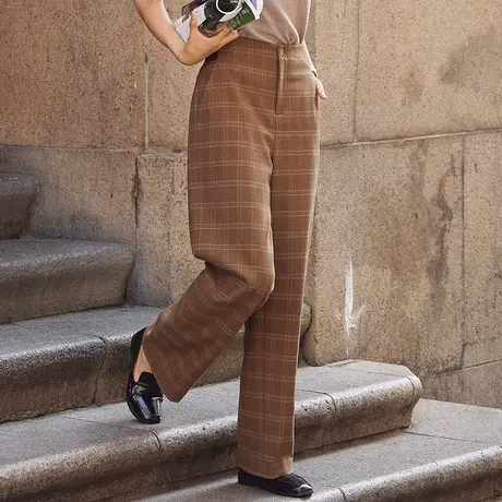 格纹毛呢裤2022秋冬新款高腰时尚线条感西装裤气质百搭复古休闲裤图片