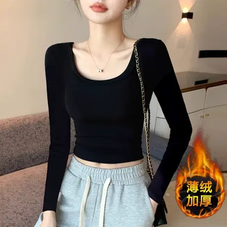 薄绒打底衫女内搭秋冬季加绒加厚保暖低领露脐短款长袖上衣修身商品大图