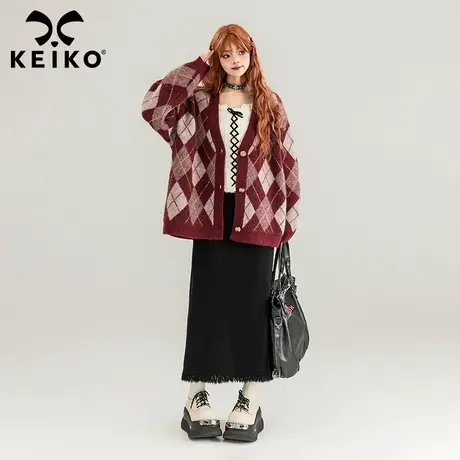 KEIKO 羊毛混纺毛衣外套女秋冬慵懒风复古宽松显瘦菱格针织开衫图片