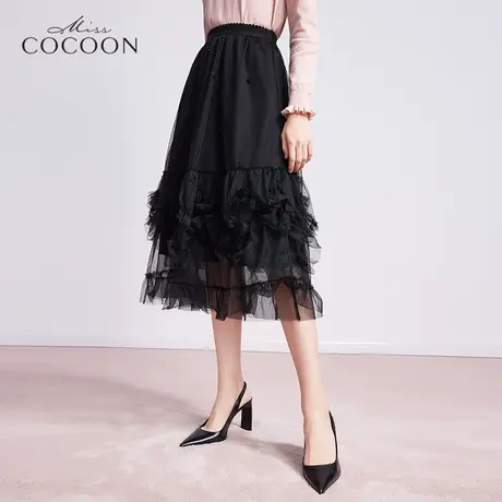 MISSCOCOON黑色半身裙女2022新款春中长款下摆网纱仙女裙复古裙子图片