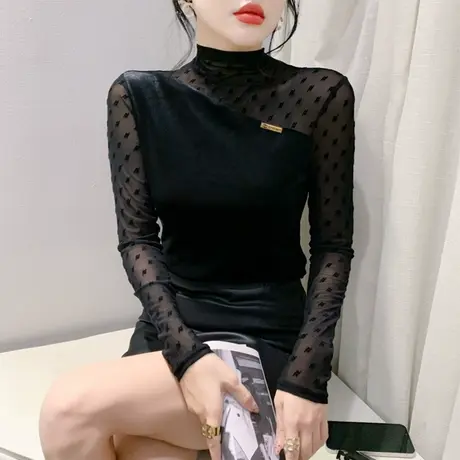 欧货半高领长袖打底衫女网纱拼接金丝绒洋气内塔上衣修身显瘦T恤商品大图