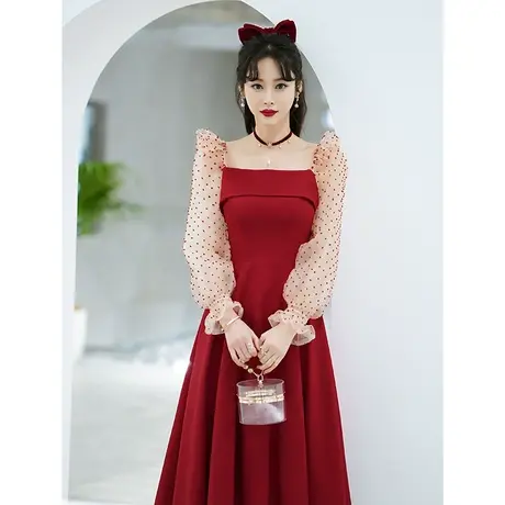 敬酒服新娘酒红色平时可穿结婚订婚礼服连衣裙仙气高级感法式方领商品大图