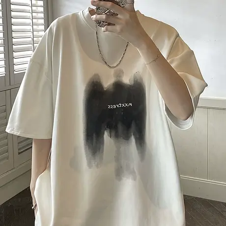 美式复古恶魔印花圆领短袖T恤2023夏季薄款时尚百搭纯棉半袖体恤商品大图