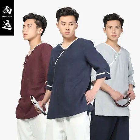 尚远春夏苎麻斜襟三粒扣唐装上衣禅意汉服短袖衬衫中国风禅修服图片