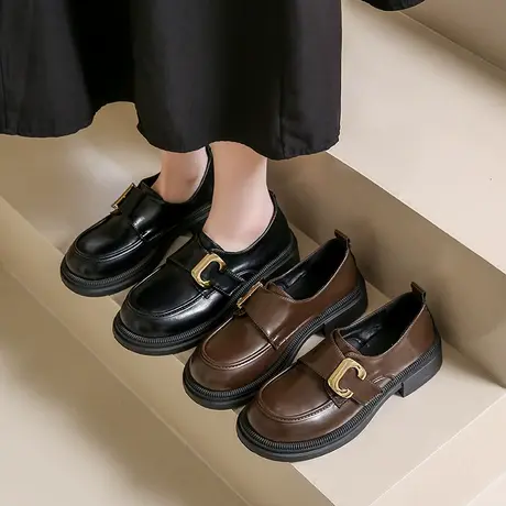 一脚蹬乐福鞋2024新款春季英伦风时尚百搭金属扣小皮鞋圆头软皮鞋图片