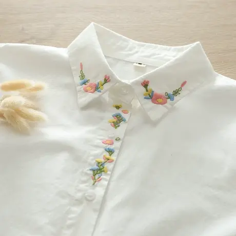 春秋季文艺小清新碎花刺绣长袖纯棉白衬衫女学生宽松百搭打底上衣商品大图