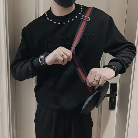 美式高街痞帅重磅卫衣男春季小众高级感夜店金属铆钉长袖T恤上衣商品大图