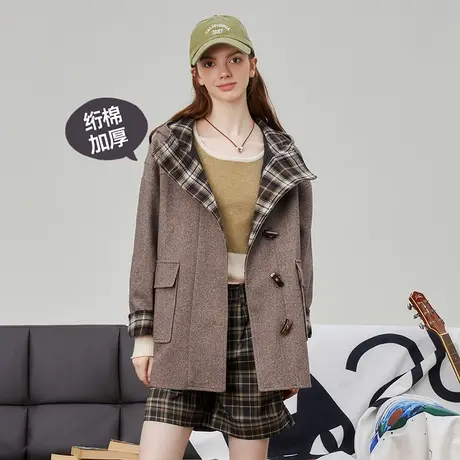 a02格子撞色保暖绗棉女式大衣2023冬季新款加厚森系牛角扣呢外套商品大图