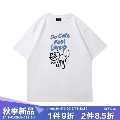 重磅纯棉短袖t恤青少年国潮白色涂鸦猫咪ins夏季大码半袖TEE上衣商品大图