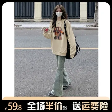 圆领卫衣女2024新款美式复古秋冬加绒加厚宽松港味chic无帽上衣潮商品大图