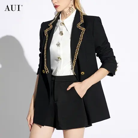 AUI黑色设计感高级西装外套女2024春新款小众职业中长款宽松西服图片