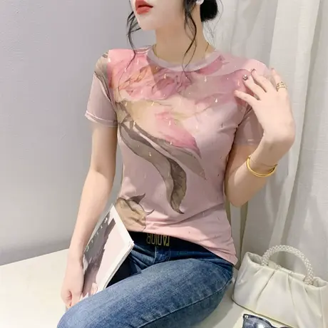 复古扎染印花烫金T恤女短袖设计感小众圆领上衣性感网纱修身小衫商品大图