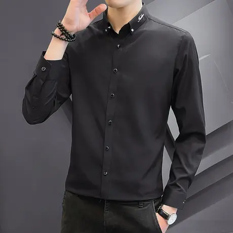 秋季长袖衬衫男士黑色衬衣修身商务休闲正装纯色白色男装上班寸衣商品大图