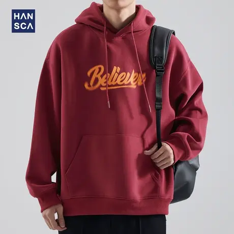 hansca酒红色连帽卫衣男潮牌春秋季美式重磅字母印花宽松休闲外套商品大图