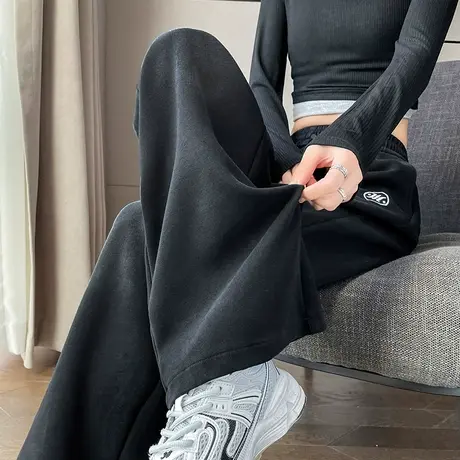 黑色美式阔腿运动裤女春秋2024新款高腰宽松垂感休闲直筒抽绳卫裤图片