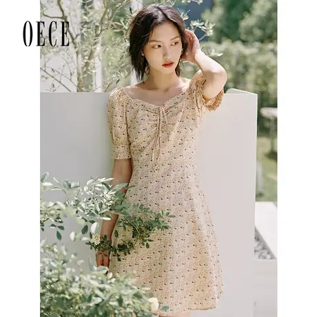 Oece夏装新款女小碎花复古清新方领系带泡泡袖连衣裙图片
