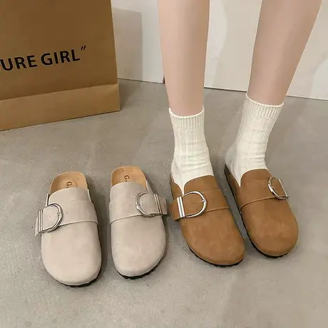 包头半拖鞋女外穿2024新款春秋轻便平底鞋复古小众网红休闲勃肯鞋商品大图