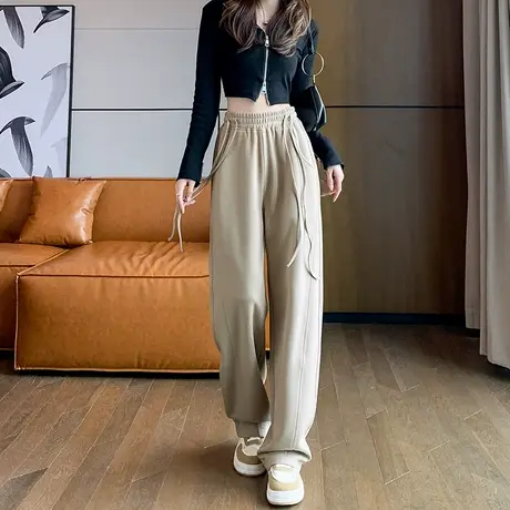 卡其色香蕉阔腿裤女春秋2024新款裤子抽绳高腰垂感窄版显瘦直筒裤图片