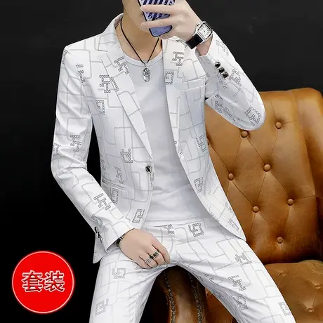 男士个性韩版花西服七分袖男装夏天薄款礼服三件套夜场帅气小西装商品大图