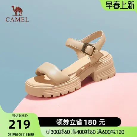 骆驼凉鞋女夏季新款羊皮一字带凉鞋女粗跟露趾厚底时装凉鞋女图片