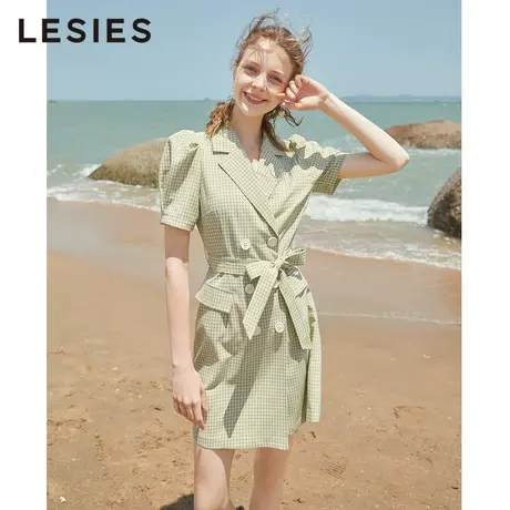 LESIES蓝色倾情夏装新格子裙格子西秋领OL法式系带短袖气质连衣裙图片