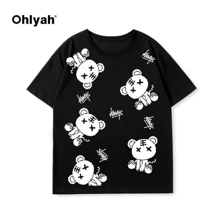 Ohlyah新年短袖t恤2023虎年黑色卡通印花半袖上衣女韩版大码ins潮商品大图