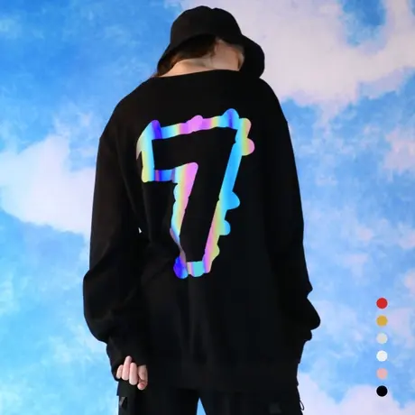 2023秋冬卫衣女男情侣装黑色反光数字7印花纯棉圆领学生班服定制商品大图