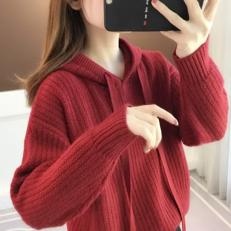 连帽毛衣女套头2023秋冬新款宽松上衣慵懒风针织衫内搭加厚打底衫图片