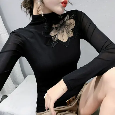 半高领打底衫女秋装2023新款性感镂空加绒T恤紧身内搭长袖上衣潮商品大图