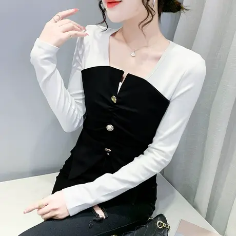 假两件T恤女装2023新款潮设计感洋气撞色上衣长袖收腰内搭打底衫商品大图