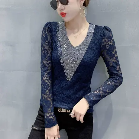 性感镂空V领气质蕾丝衫女长袖洋气烫钻上衣修身百搭打底衫女春秋商品大图