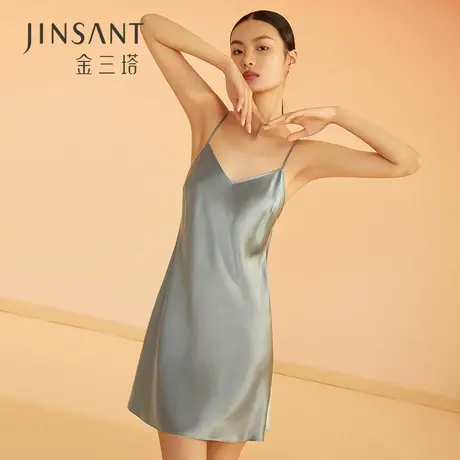 金三塔真丝睡裙丝滑舒适100%桑蚕丝女性感吊带睡衣纯色家居服商品大图