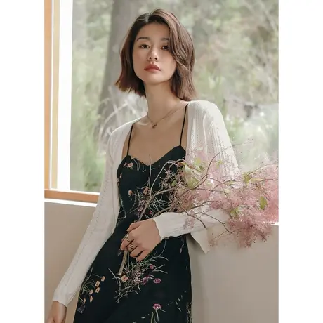 弥古白色冰丝防晒针织开衫女夏吊带裙外搭披肩罩衫空调衫镂空上衣商品大图