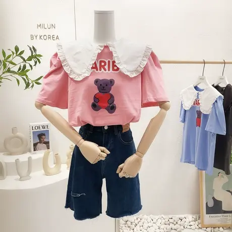 韩国东大门娃娃领上衣2022年夏新款ins洋气甜美爱心熊短袖T恤小众图片