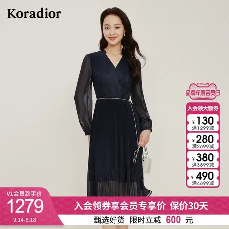 珂莱蒂尔压褶设计连衣裙女中长款修身显瘦a字裙子图片