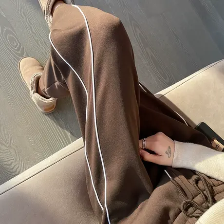 加绒咖色运动裤女2023年秋冬新款高腰宽松显瘦加厚休闲束脚卫裤潮图片