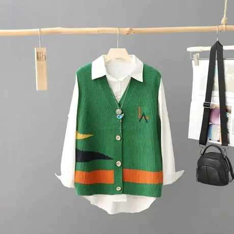 秋装2023新款V领无袖针织开衫外套女士宽松坎肩背心百搭马夹上衣图片